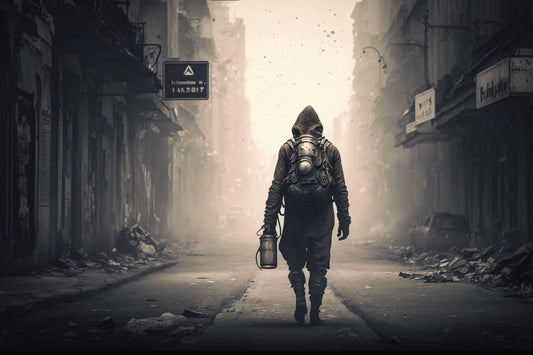 Gas Mask in Post-Apocalyptic City - Canvas, Metal, Acrylic, Framed, or Giclee Print