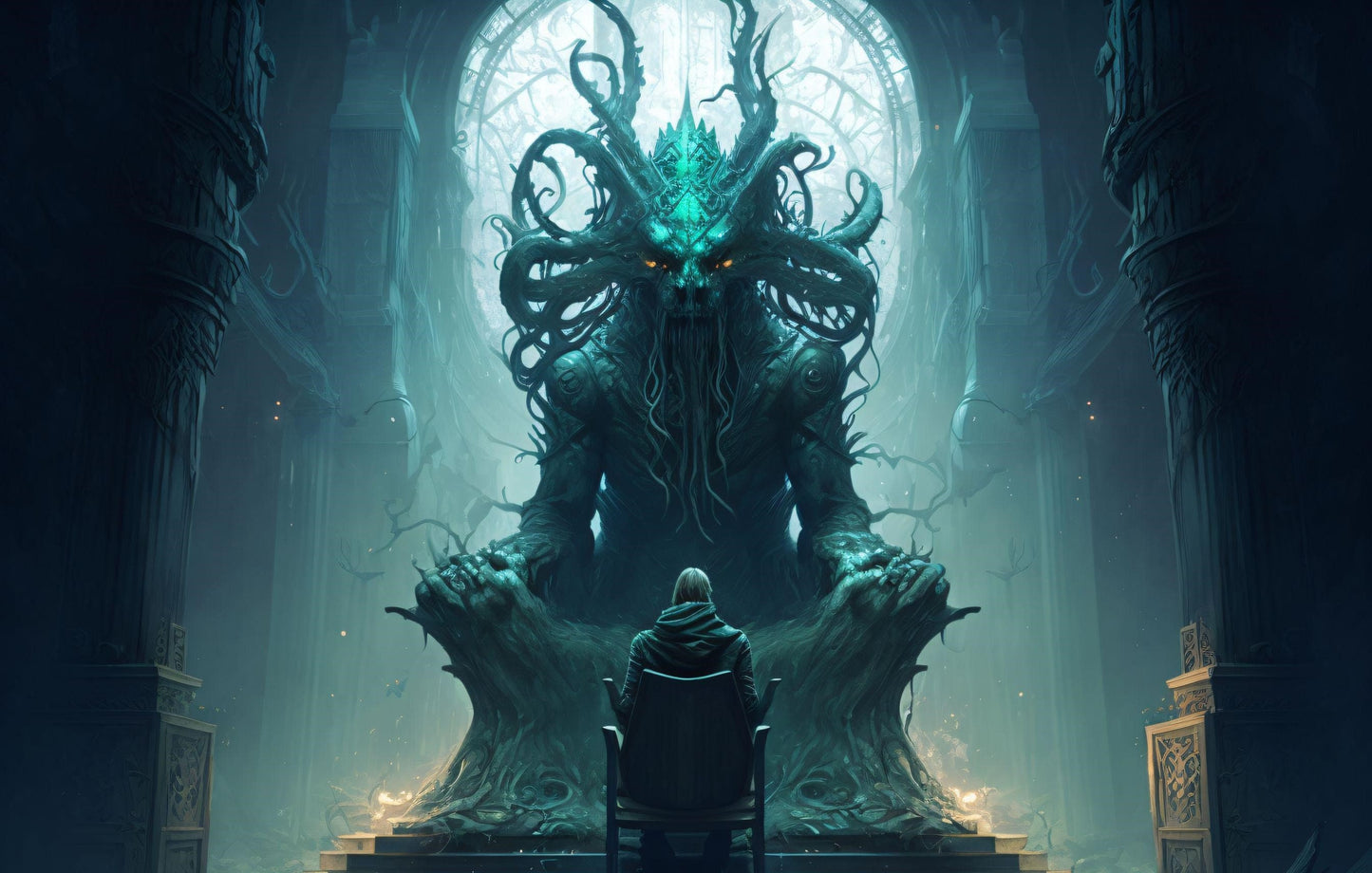 Cthulhu on a Throne and a Man in a Chair - Canvas, Metal, Acrylic, Framed, or Giclee Print
