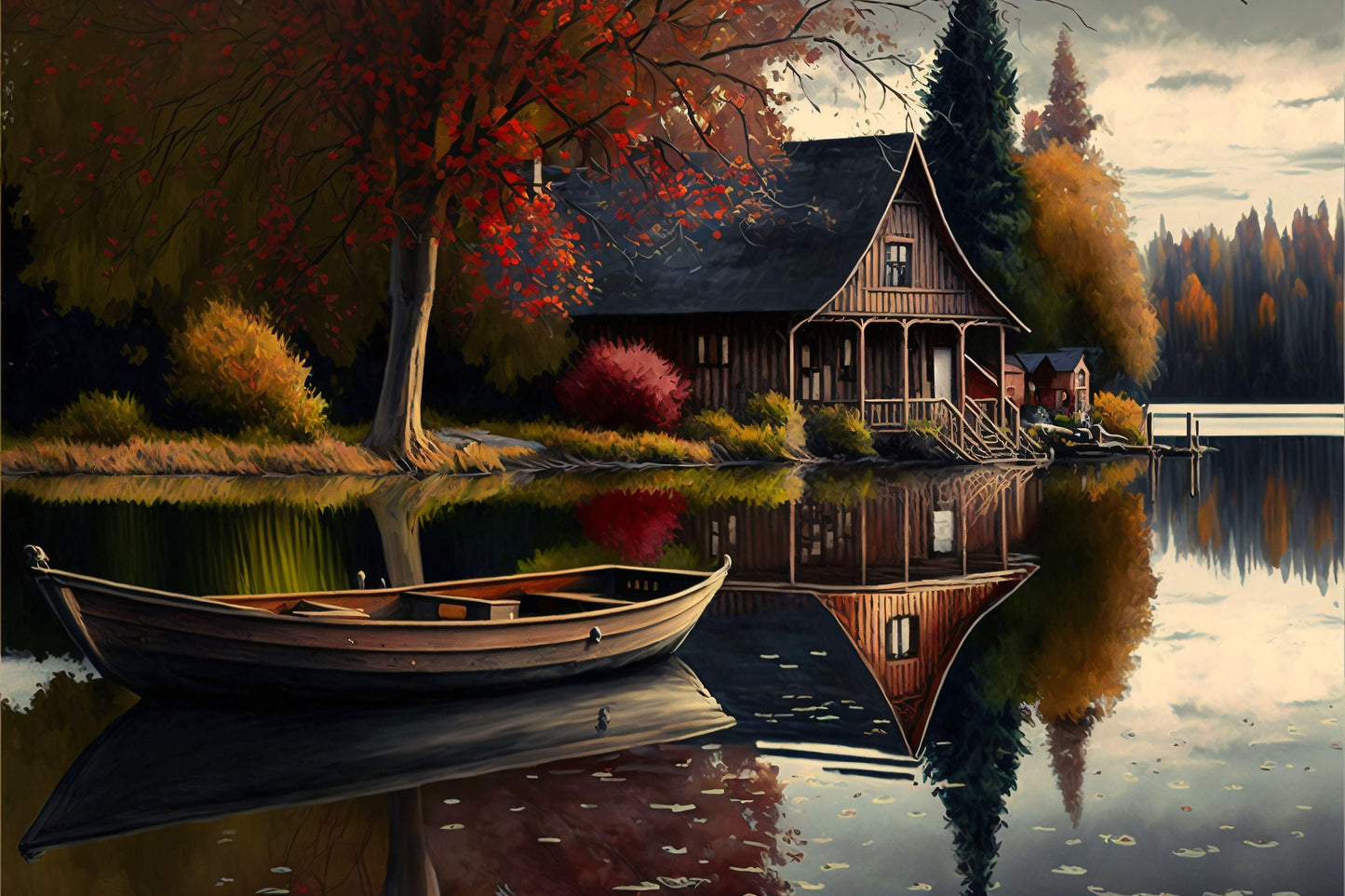 Lake House with Boat - Canvas, Metal, Acrylic, Framed, or Giclee Print