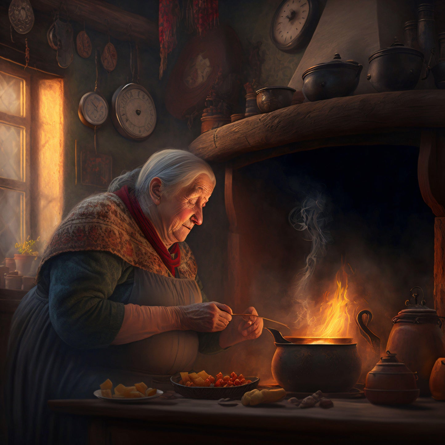 Old Woman Cooking in a Warm Cottage Kitchen