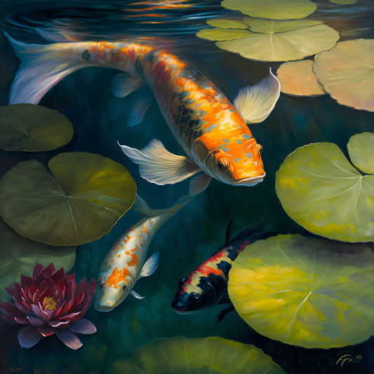 Koi Pond with Lilly Pads - Canvas, Metal, Acrylic, Framed, or Giclee Print
