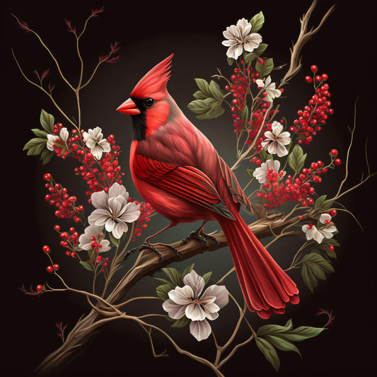 Red Cardinal in A Tree with Flowers - Canvas, Metal, Acrylic, Framed, or Giclee Print