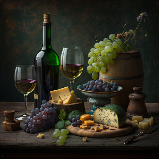 Still Life - Wine, Cheese, and Grapes - Canvas, Metal, Acrylic, Framed, or Giclee Print