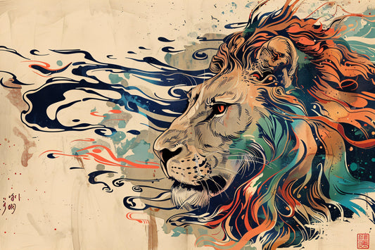Lion in Japanese Woodblock style - Canvas, Metal, Acrylic, Framed, or Giclee Print