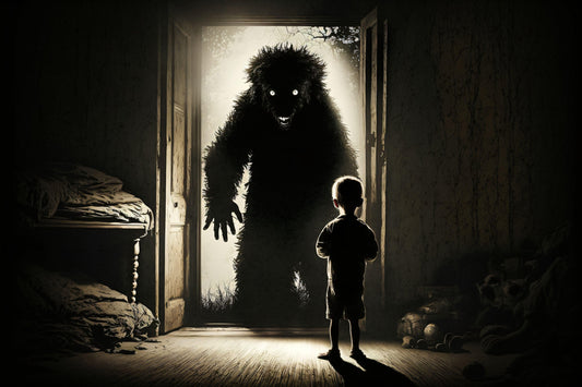 Monster Standing in Front of Child - Canvas, Metal, Acrylic, Framed, or Giclee Print