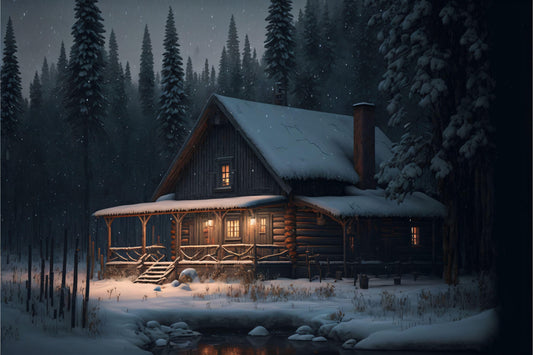 Snowy Cabin in the Woods  - Canvas, Metal, Acrylic, Framed, or Giclee Print