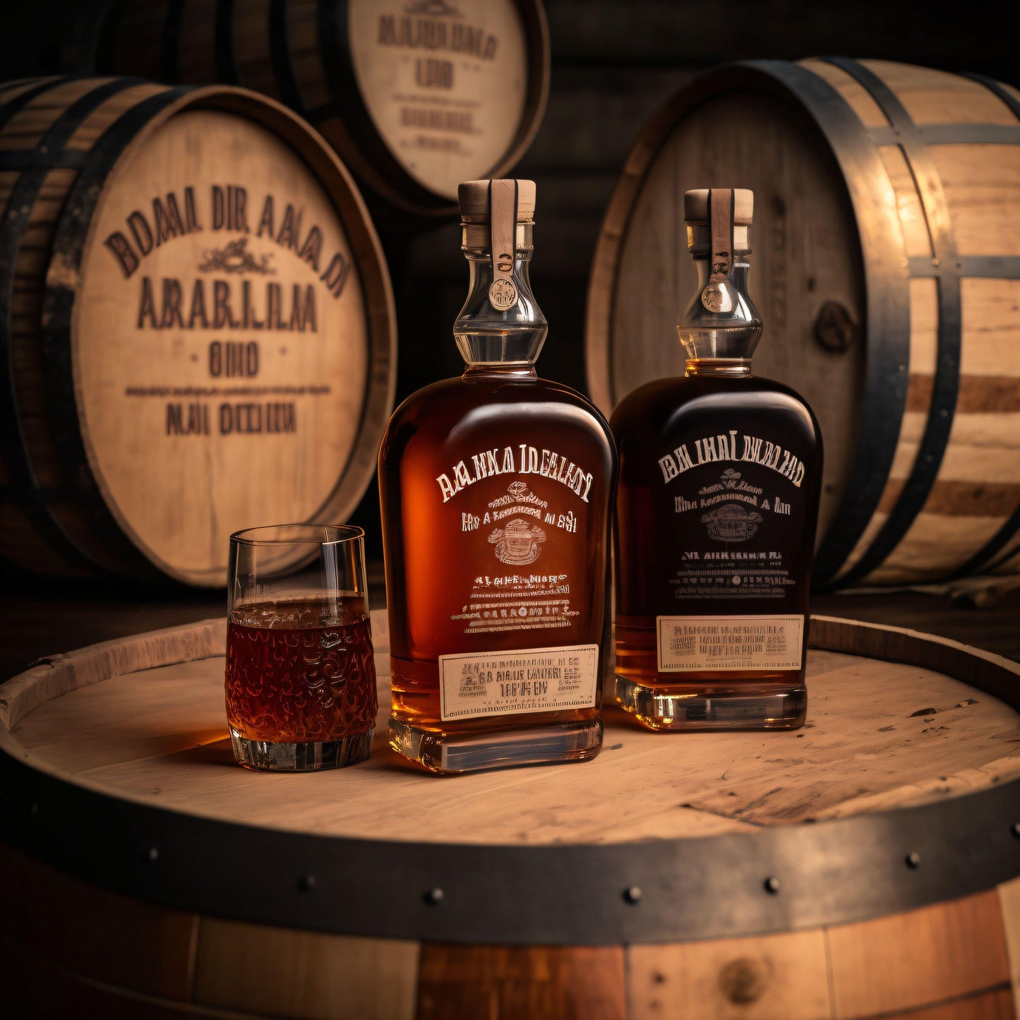 Bourbon Bottles and Glasses on Barrels - Canvas, Metal, Acrylic, Framed, or Giclee Print