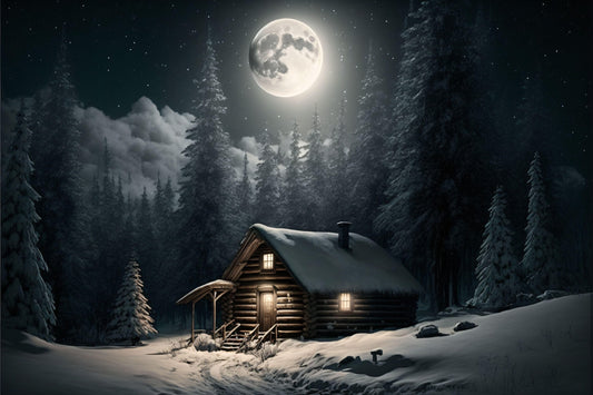 Snowy Cabin in the Woods with Moon   - Canvas, Metal, Acrylic, Framed, or Giclee Print
