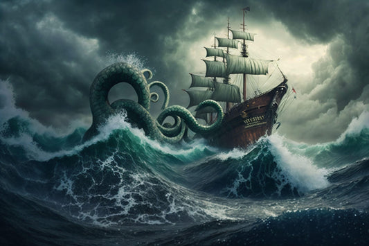 Old Ship Being Attacked by Sea Monster - Canvas, Metal, Acrylic, Framed, or Giclee Print