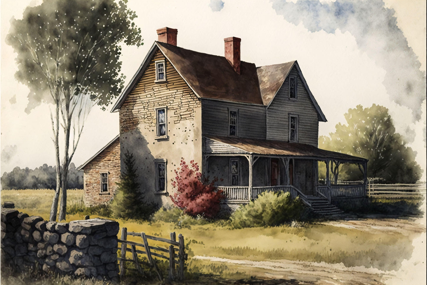 Old Farmhouse with Stone Wall - Canvas, Metal, Acrylic, Framed, or Giclee Print
