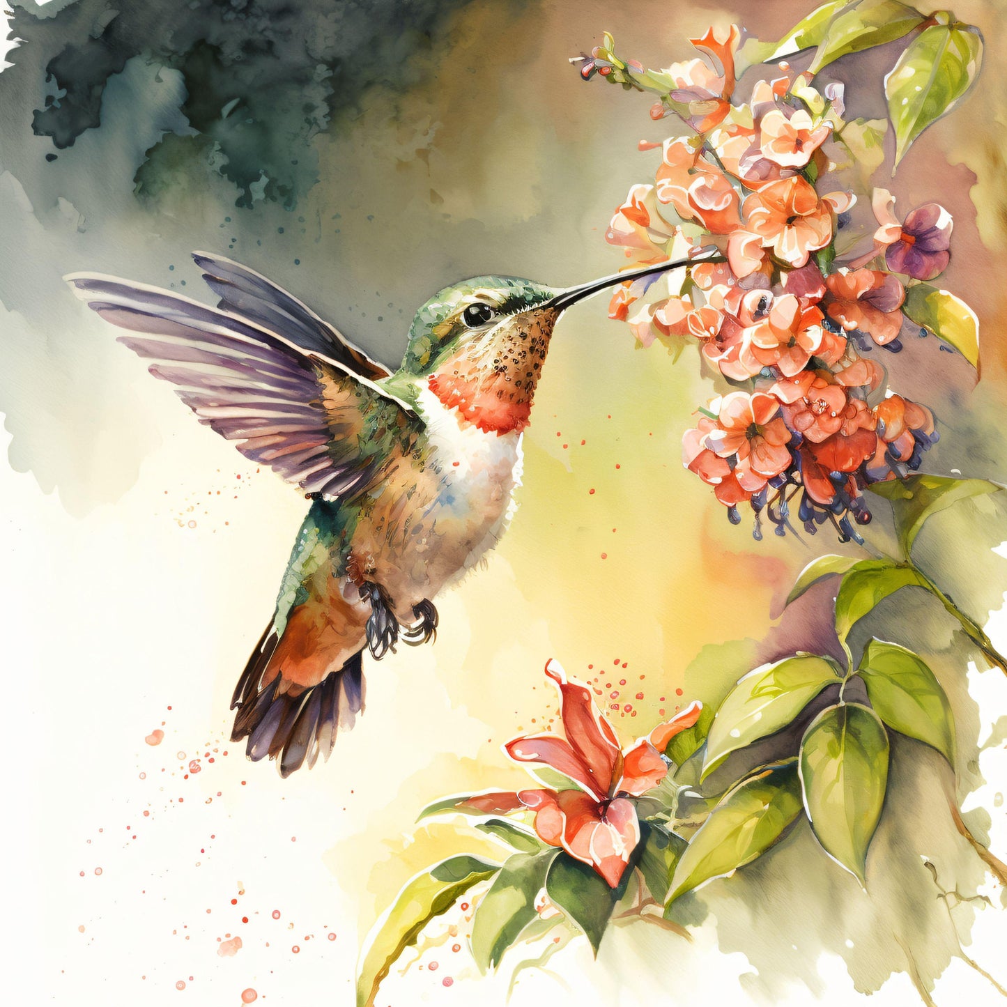 Hummingbird  in Watercolor Style - Canvas, Metal, Acrylic, Framed, or Giclee Print