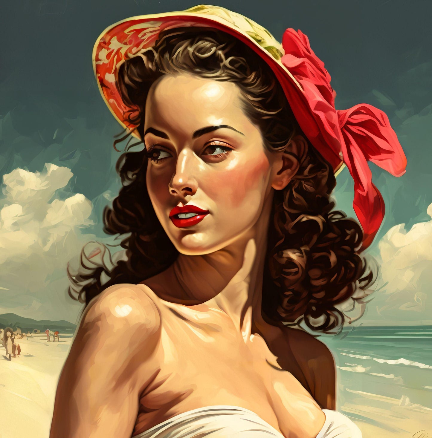Pin-Up Girl at Beach - Canvas, Metal, Acrylic, Framed, or Giclee Print